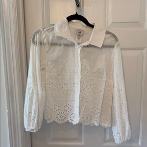 CAbi White Eyelet Button-Up Blouse